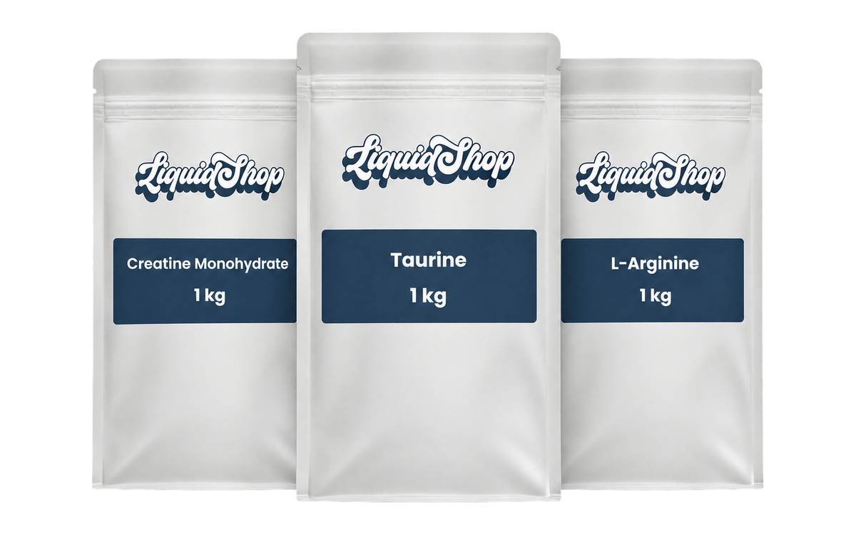 Caffeine-free pre-workout kit: creatine monohydrate, taurine and L-arginine, three 1 kg LiquidShop pouches