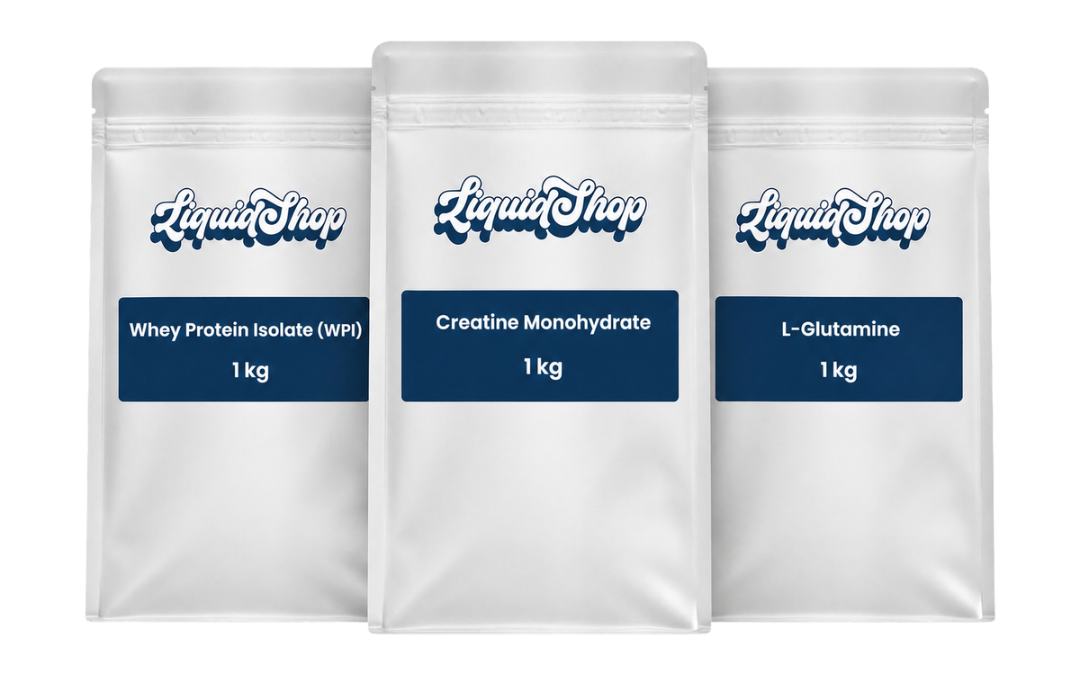 Post-workout kit: whey protein isolate, creatine monohydrate and L-glutamine, three 1 kg LiquidShop pouches