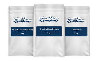 Post-workout kit: whey protein isolate, creatine monohydrate and L-glutamine, three 1 kg LiquidShop pouches