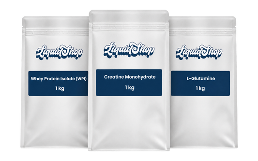 Post-workout kit: whey protein isolate, creatine monohydrate and L-glutamine, three 1 kg LiquidShop pouches