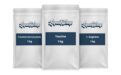 Caffeine-free pre-workout kit: creatine monohydrate, taurine and L-arginine, three 1 kg LiquidShop pouches