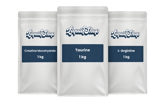 Caffeine-free pre-workout kit: creatine monohydrate, taurine and L-arginine, three 1 kg LiquidShop pouches